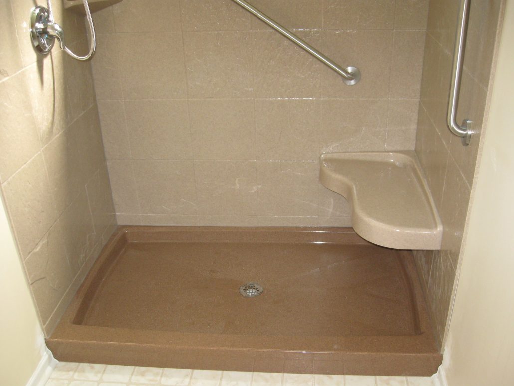Onyx Summer tile shower panel with seat and safety bar